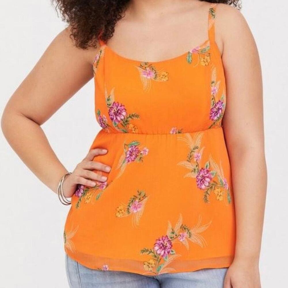 TORRID Babydoll Chiffon Cami Orange Floral Tank Top Size 4 26/4X Smocked